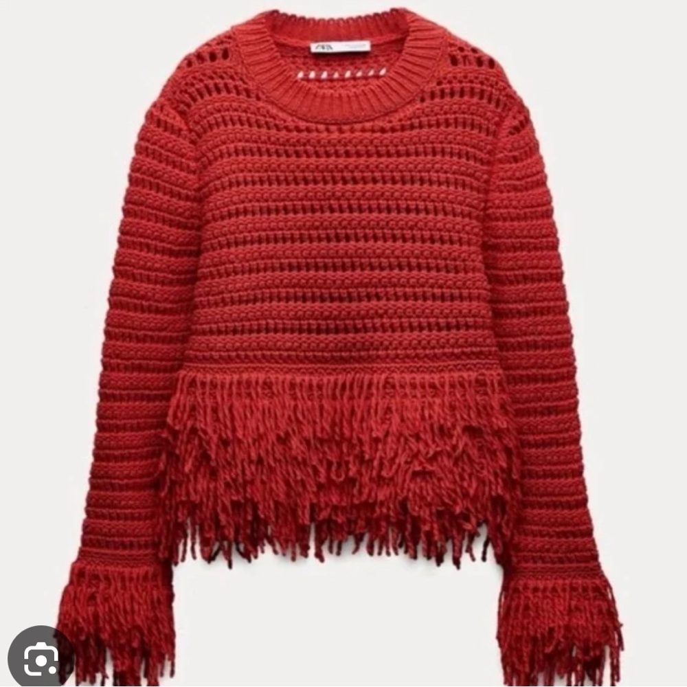 Zara Vibrant Red Fringed Sweater - Picture 2 of 4